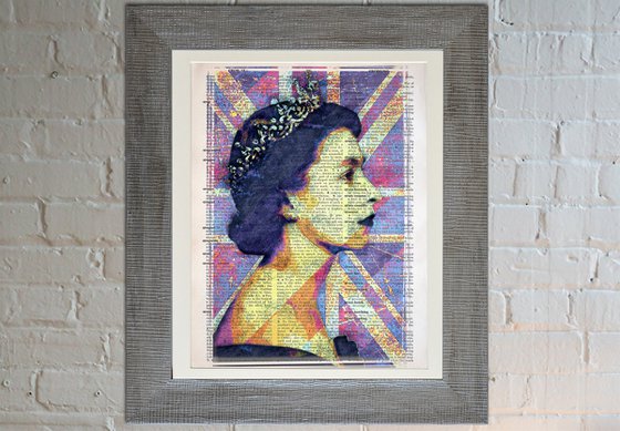 Queen Elizabeth II - The Union Jack 2 - Collage Art on Large Real English Dictionary Vintage Book Page