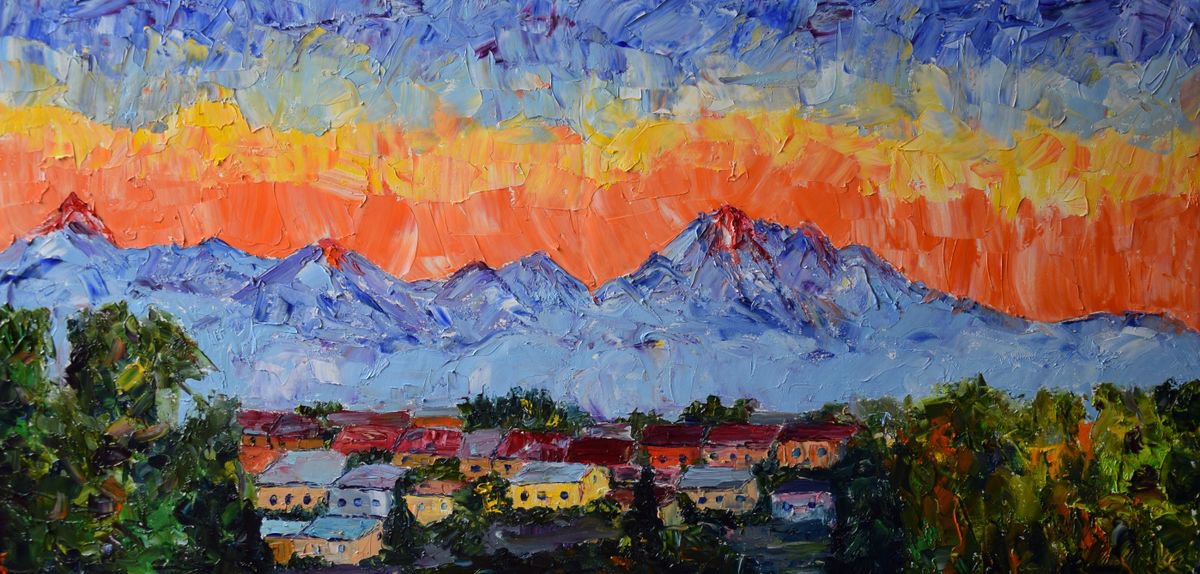 Original large oil painting Sunset in mountains High Tatras, Slovakia by Kate Grishakova