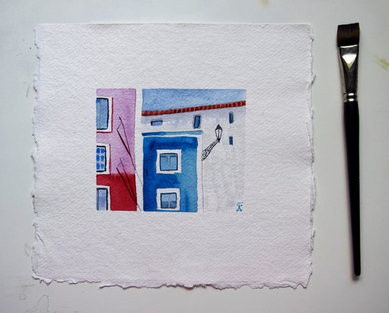 Lisbon small watercolor painting, colorful houses original painting, Portugal cityscape wall art