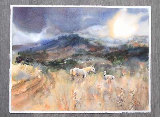 White horses in the grass, watercolor landscape, Crete, Greece