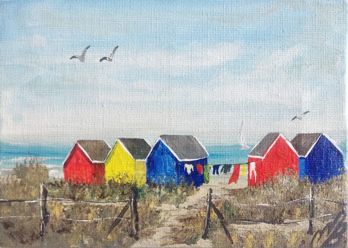 Beach huts on a mini canvas by Marja Brown Artfinder