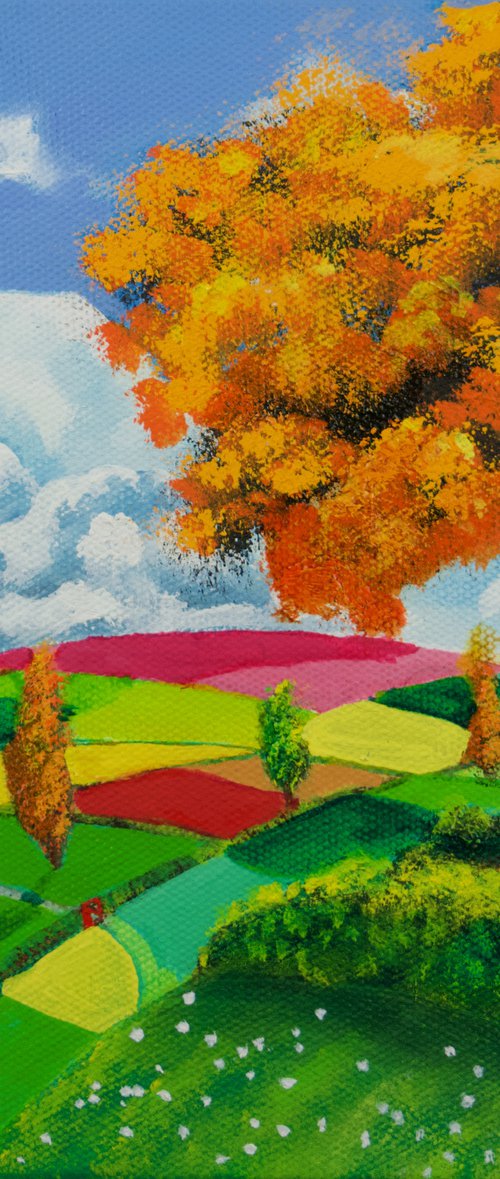 House and an orange tree folk art oil painting on canvas by Gordon Bruce