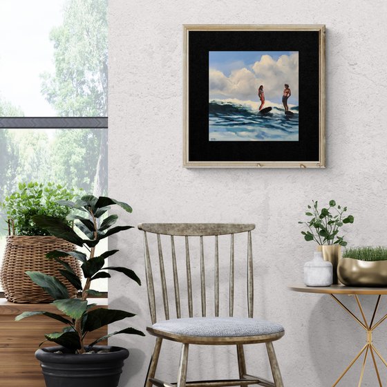 Serfers - Couple Surfing Ocean Wave Seascape Painting