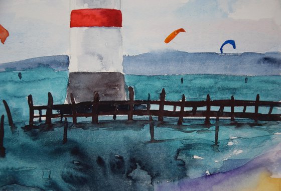 Lighthouse watercolor original painting, seascape wall art, coastal home decor