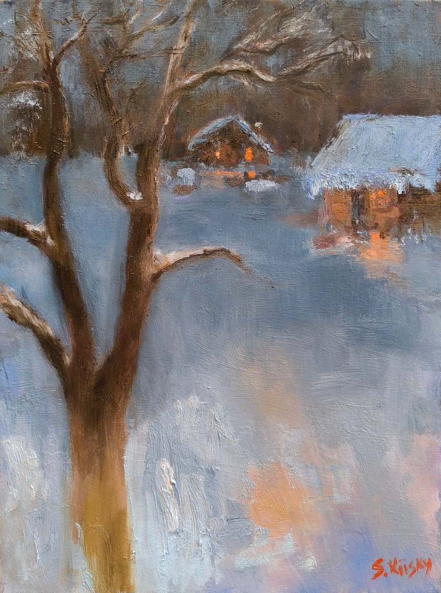 Impressionistic Landscape Oil Painting By Svetlana Grishkovec-Kiisky, 12 X 16", Winter Evening, Original Artwork