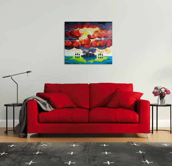 Sunset (80x90cm, cubism, oil painting, ready to hang)