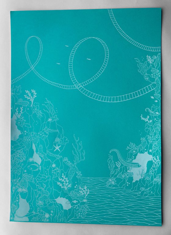 Underwater Rollercoaster (Eco Gothic) - White on Turquoise/Glow in the Dark