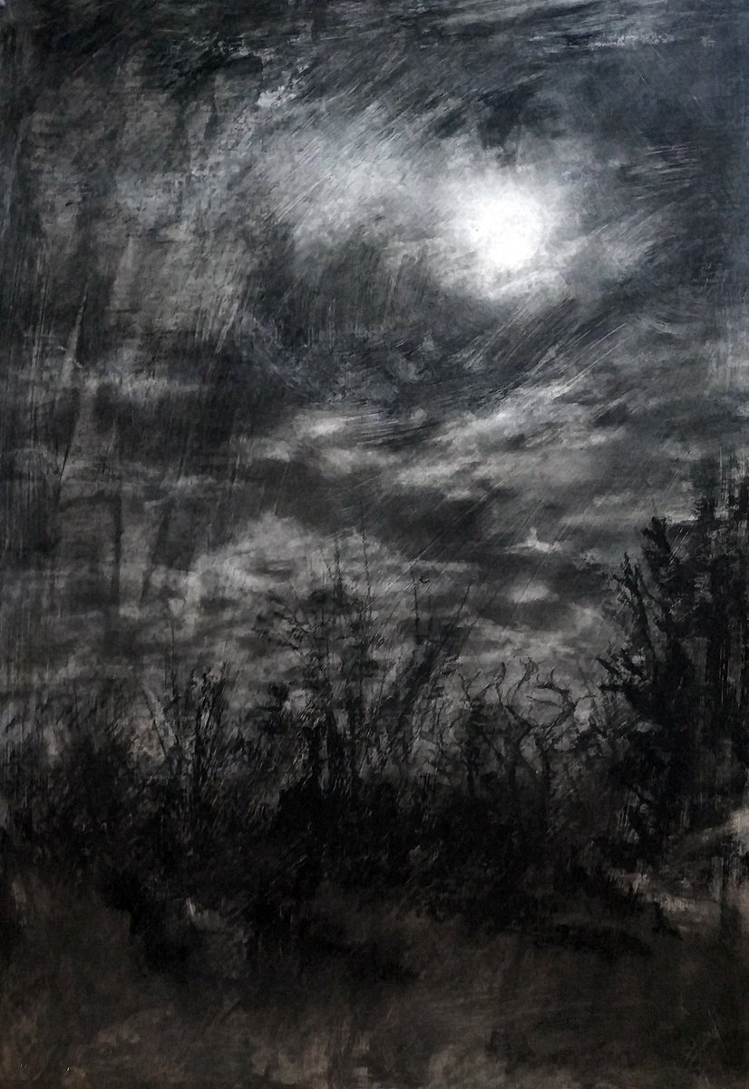 Expressive Landscape Charcoal Drawing By Sbboursot, 17 X 24", Moonlight, Original Artwork