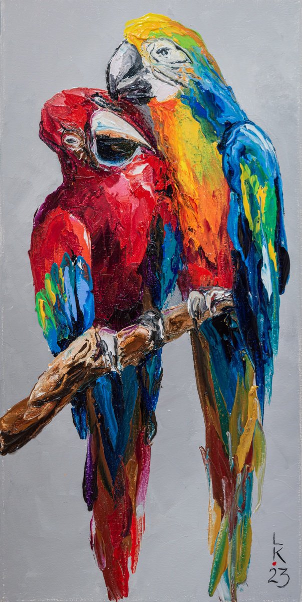 Impressionistic Animal Oil Painting By Liubov Kuptsova, 8 X 16", Parrots In Love, Original Artwork