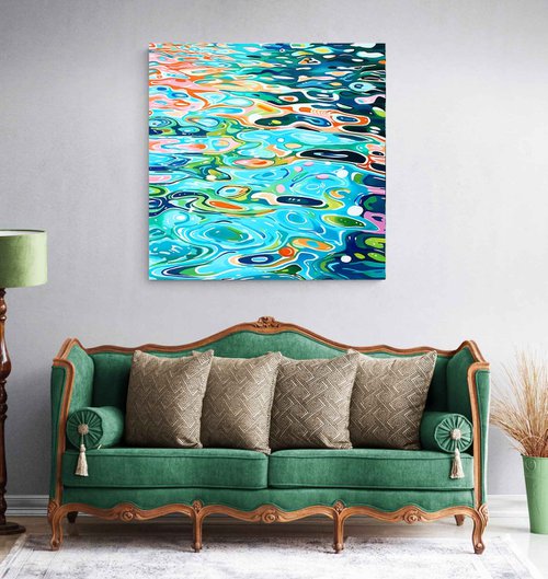 Turquoise deep blue green sea ocean, cool color waves with bright sun glares. Impressionistic artwork. Large wall art home decor. Art Gift by BAST