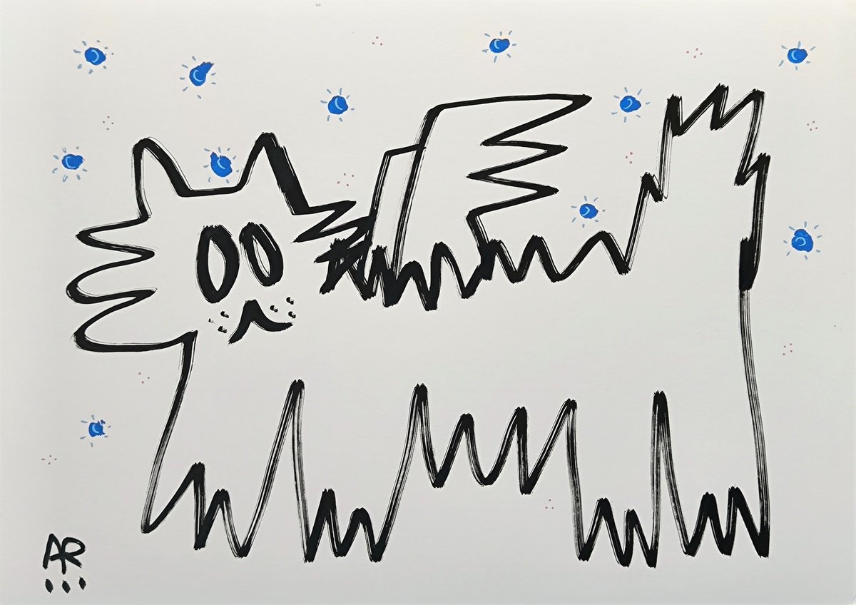 Expressive Portrait Drawing By Angel Rivas, 12 X 8, Angel Cat, Original Artwork