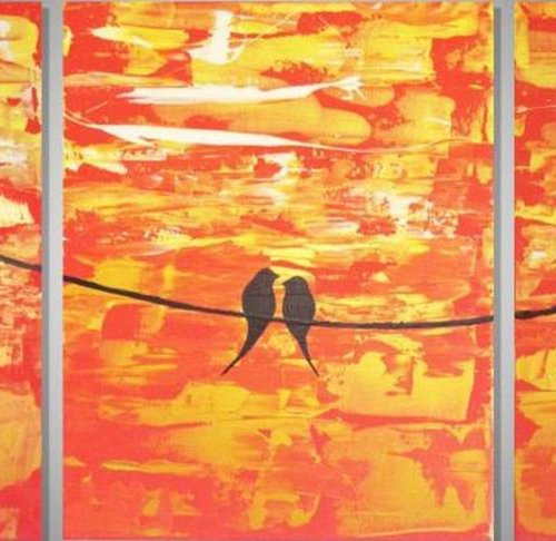 love birds original abstract landscape "Sitting in the sunshine" painting art canvas - 54 x 24 inches romance orange yellow gold by Stuart Wright