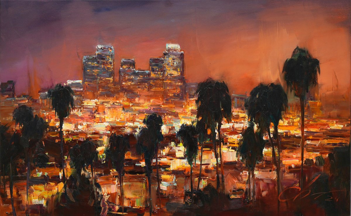 Impressionistic Cityscapes Oil Painting By Serhii Cherniakovskyi, 39 X 24", Los Angeles Night Lights, Original Artwork