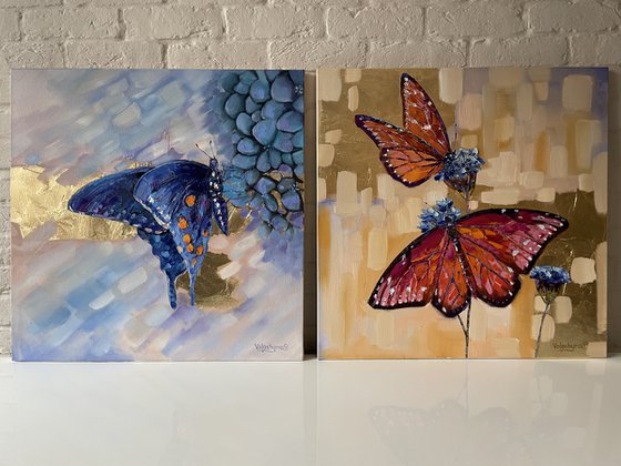 Butterfly on flower. Original oil painting. Blue butterfly
