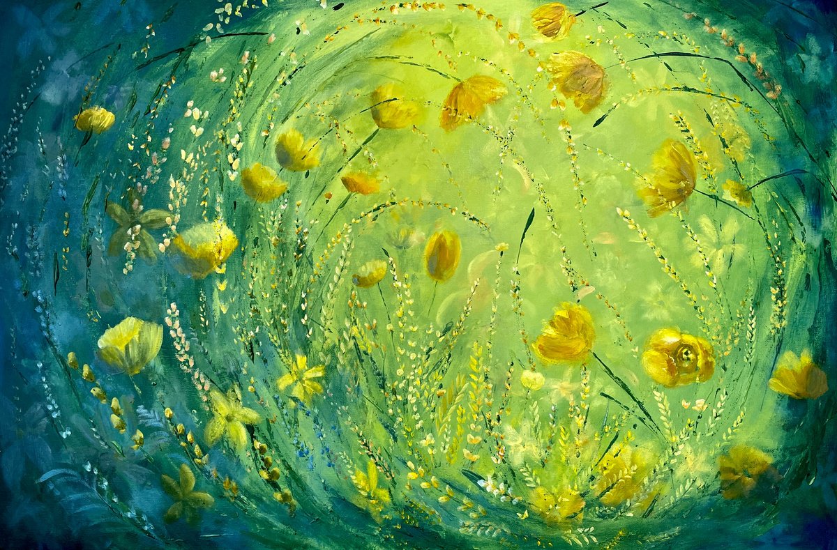 Expressive Botanical Acrylic Painting By Emma Sian Pritchard, 36 X 24, Emerald Light, Original Artwork