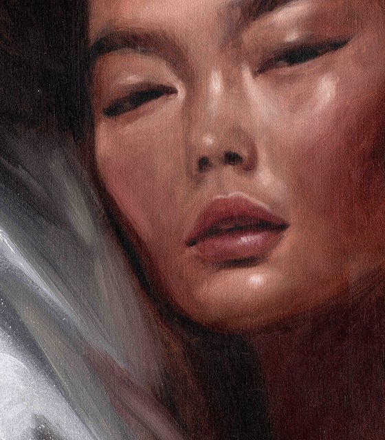 "Silver" Oil painting of asian beauty model wrapped in a shiny silver blanket.