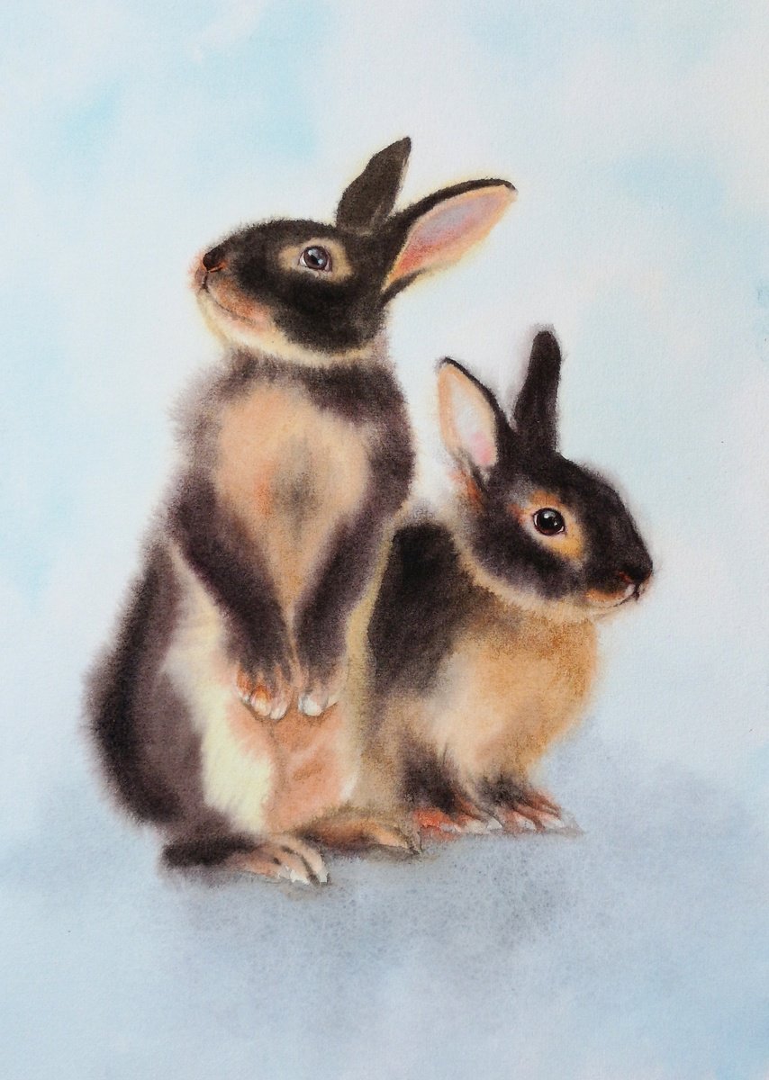 Two Tan Rabbits - pair of cute rabbits - bunny by Olga Beliaeva Watercolour