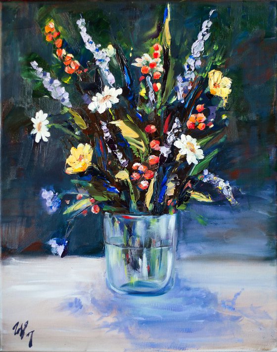 Summer flowers. Original oil painting. Medium size impressionism bouquet dark colors spring summer nature interior decor