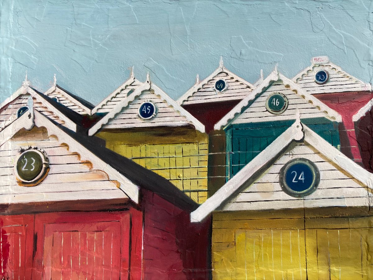 Photorealistic Cityscapes Acrylic Painting By Andrew Reid Wildman, 12 X 10, Seaside Beach Huts, Essex, Original Artwork
