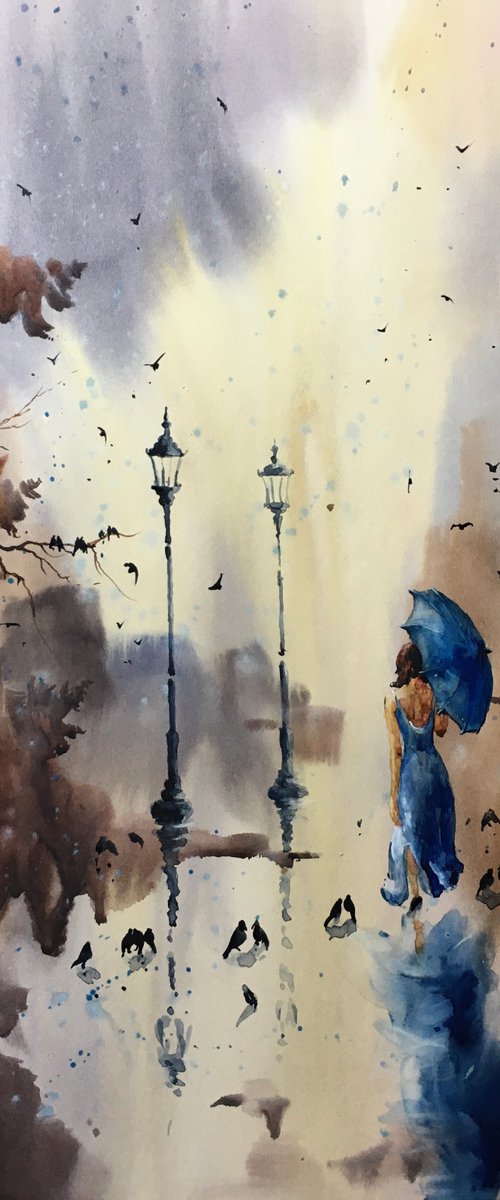 Sold Watercolor “After rain. Moody nature” by Iulia Carchelan