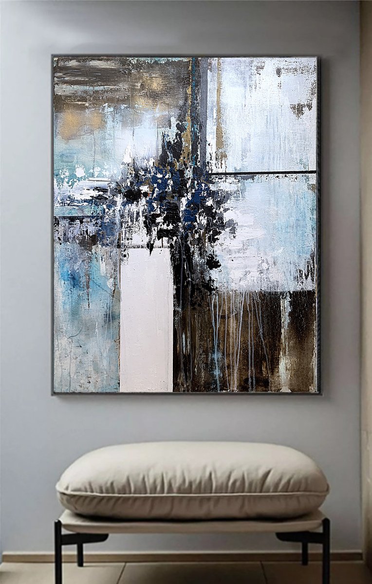 Urban And Pop Abstract Acrylic Painting By Tatiana Malinovscaia, 31 X 39", Blue And Earth Abstraction, Original Artwork