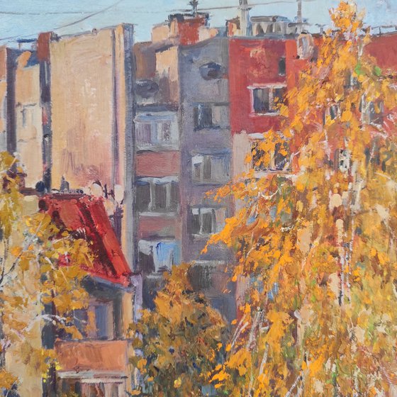 Golden autumn - bright colours, urban landscape,oil painting