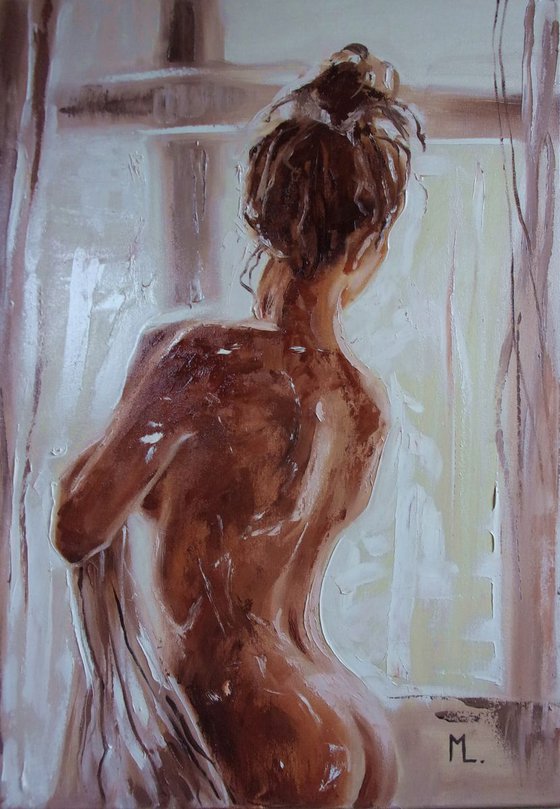 " AFTER THE BATH " - 50x70cm original oil painting on canvas, gift, palette kniffe