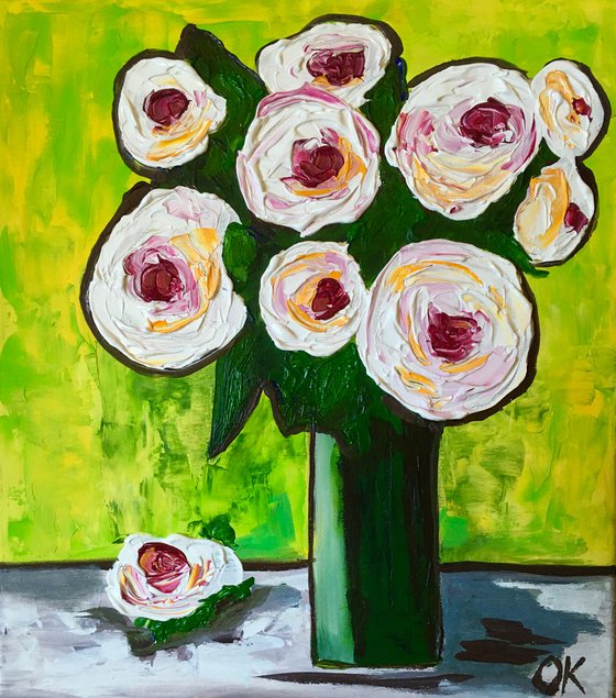 BOUQUET OF White Roses  #10 palette  knife Original Acrylic painting office home decor gift