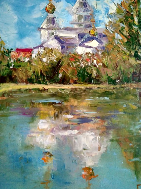 Autumn etude Russian Church Painting Fall Landscape Original Art Chapel Impasto Artwork Temple Wall Art