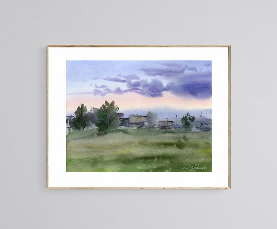 Country landscape watercolor painting, rustic wall art, forest and field artwork gift idea