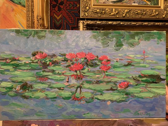 WATER LILY POND - Landscape with rose waterlily - oil painting - small size