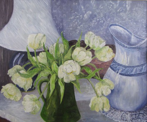 White Tulips with Water Jug by Christine Gaut