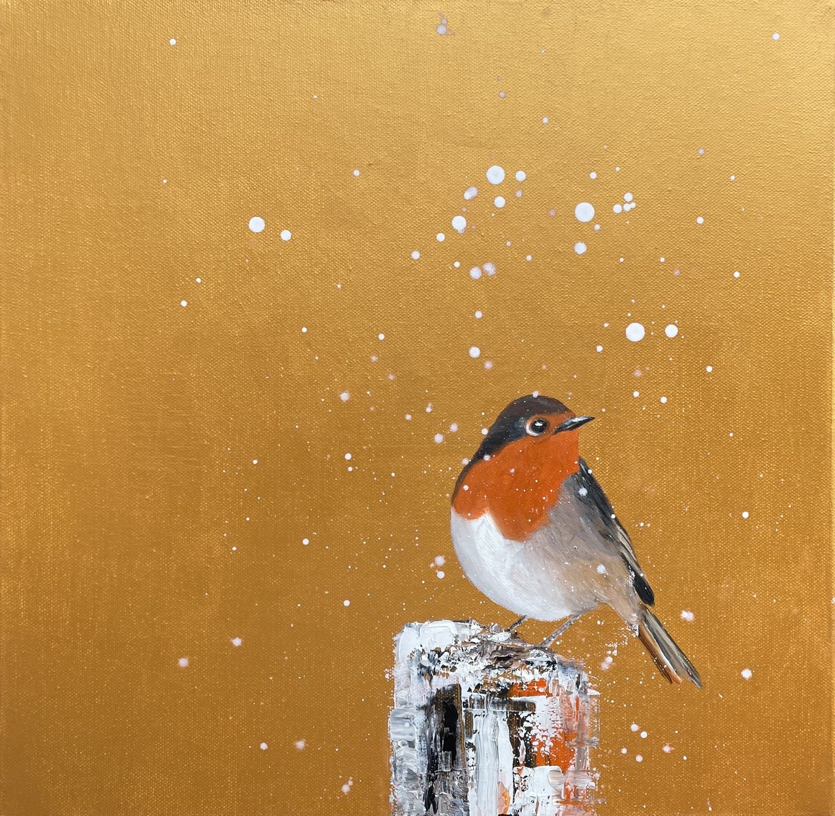 Impressionistic Painting , Red Robin In The Snow By Laure Bury, 16 X 16, Artwork For Sale On Artfinder
