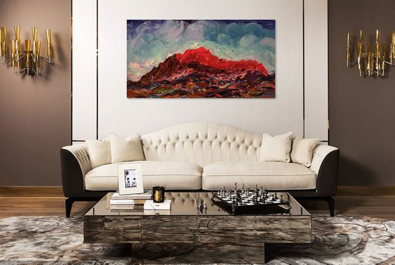 MOUNTAINS - Landscape - Oil Painting - Red Mountainscape 50x100cm