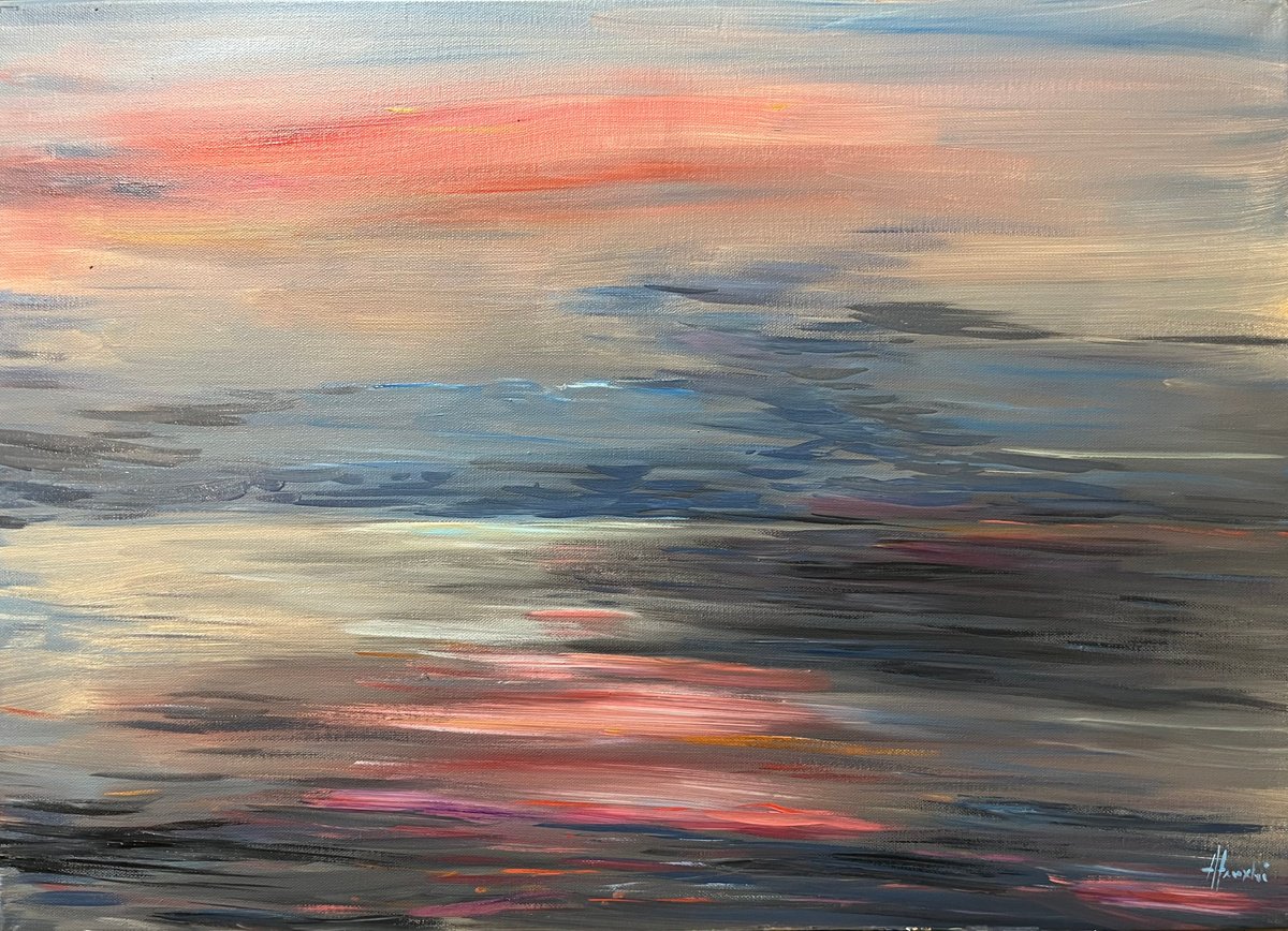 Impressionistic Landscape Acrylic Painting By Altin Furxhi, 28 X 20, Seascape Morning Moments, Original Artwork