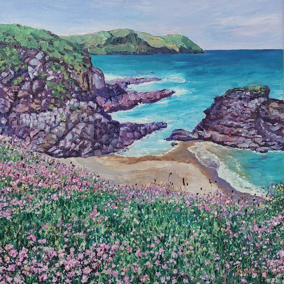 Impressionistic Landscape Oil Painting By Zoe Elizabeth Norman, 16 X 16", Flowers By The Sea, Original Artwork