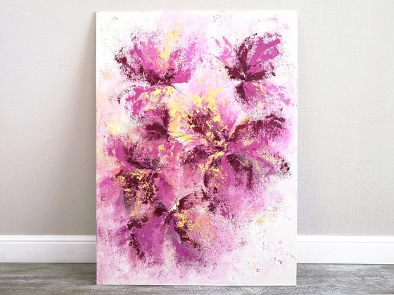 Purple abstract flowers, oil floral painting