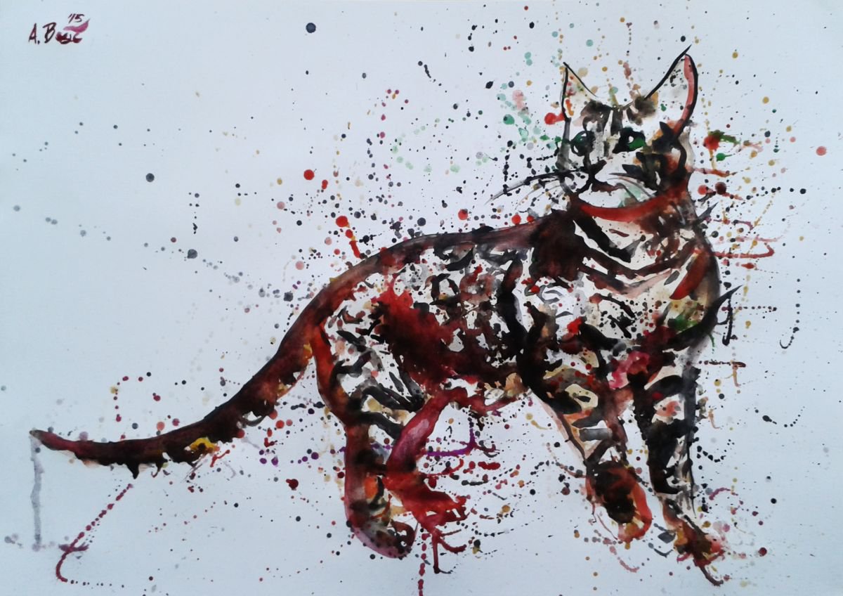 Expressive Animal Watercolour By Aleksandar Basic, 24 X 17, Green Eyed Pussy, Original Artwork