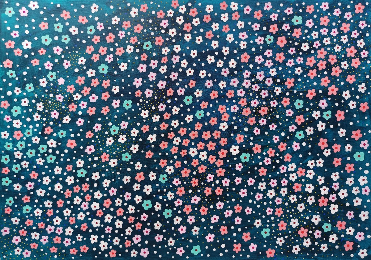 Naive Botanical Acrylic Painting By Veronika Demenko, 17 X 11", Meadows N.18 - Sakura Blossom, Original Artwork