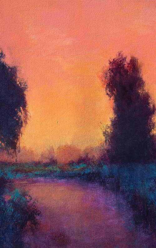 Evening Colors 220120, sunset landscape with water & trees by Don Bishop