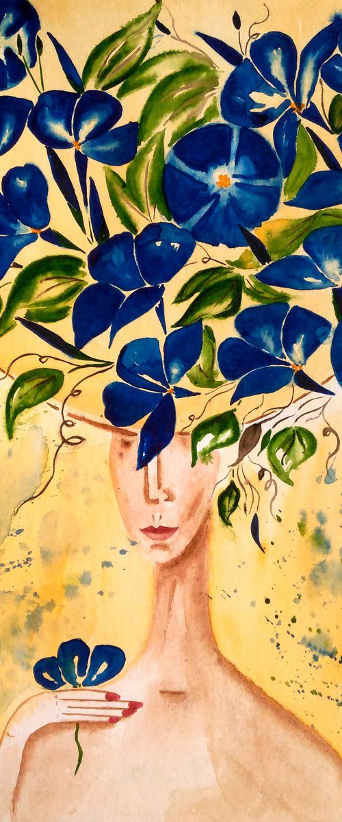Faceless Painting Woman Original Art Female Portrait Small Watercolor Girl with Blue Flowers Hat Artwork Home Wall Art 12 by 17" by Halyna Kirichenko by Halyna Kirichenko