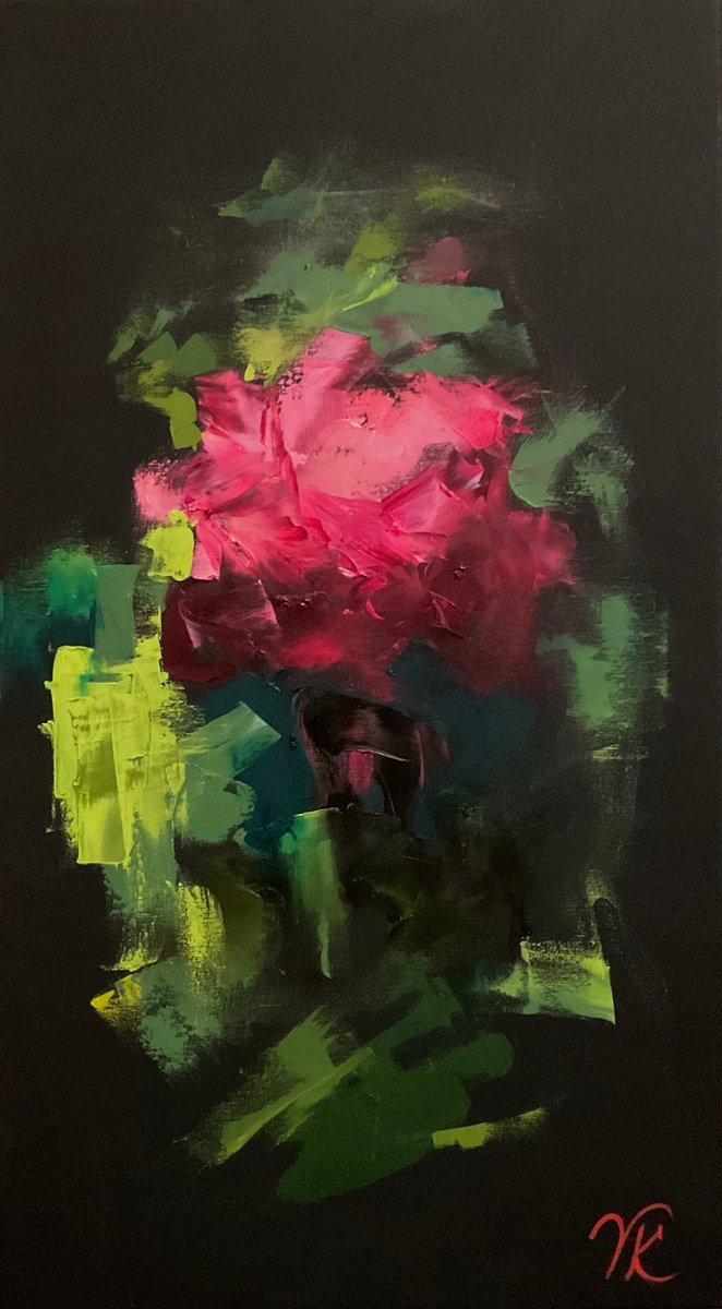 Abstract Botanical Oil Painting By Vera Klimova, 20 X 35", Improvisation, Original Artwork