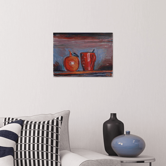 Glass apple and red cup. Acrylic on paper. 43x32 cm.