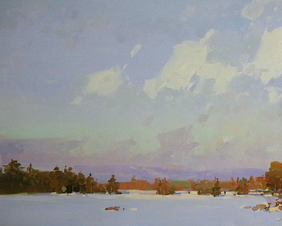 Lake in New Hampshire, oil painting, One of a kind, Signed, Handmade artwork