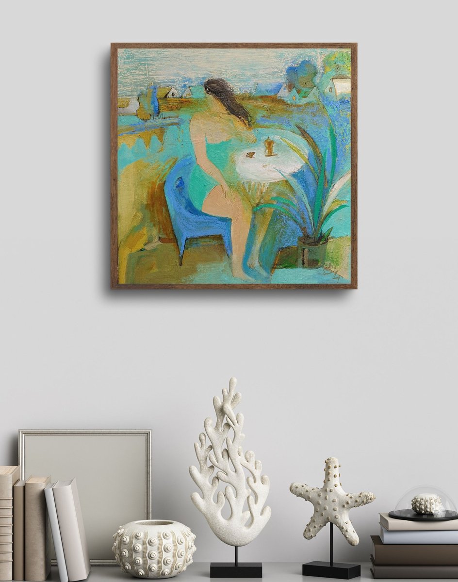 Impressionistic Portrait Oil Painting By Victoria Cozmolici, 16 X 16", Morning Coffee, Original Artwork