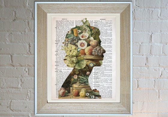 Queen Elizabeth II - Flowers and Fruits - Collage Art on Large Real English Dictionary Vintage Book Page