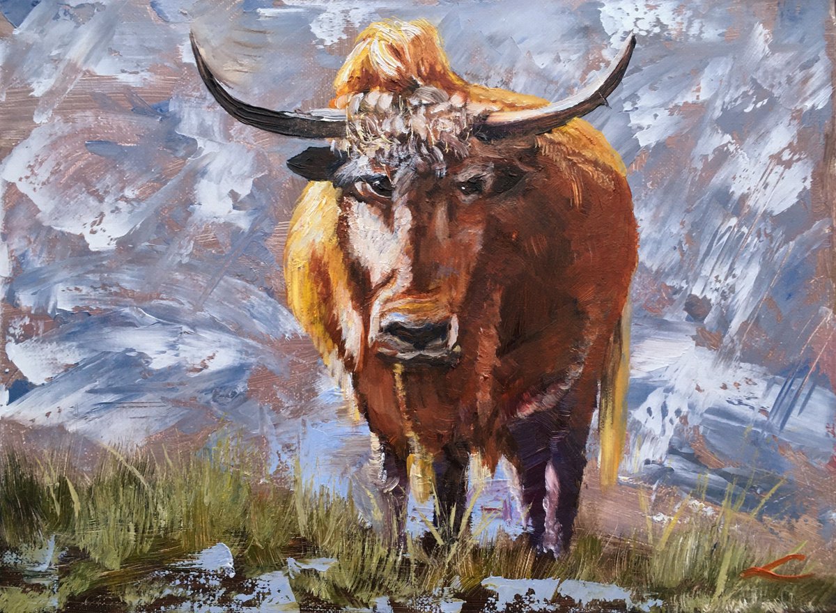 Impressionistic Animal Oil Painting By Elena Sokolova, 16 X 12, Bull, Original Artwork