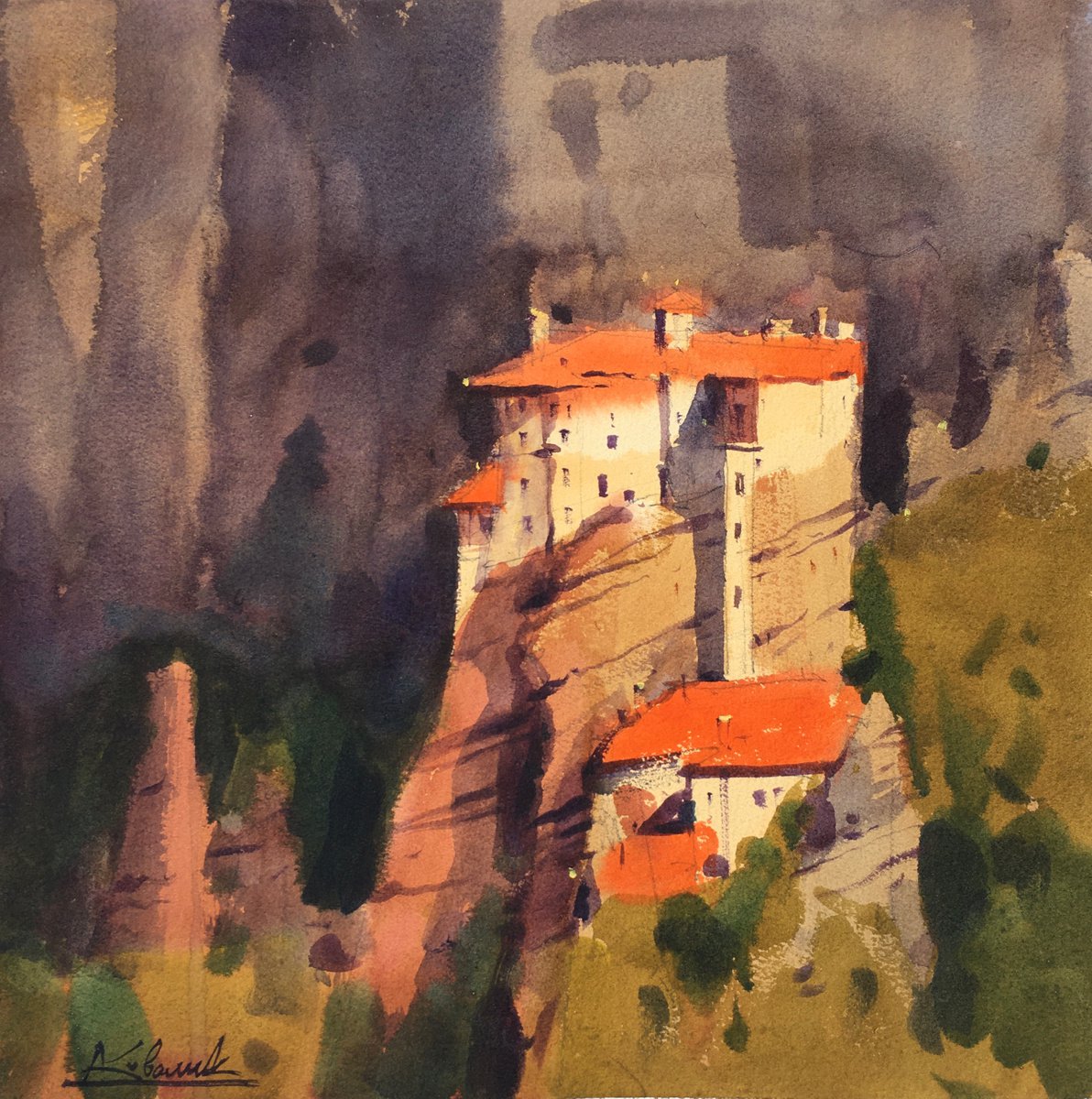 Impressionistic Cityscapes Watercolour By Andrii Kovalyk, 12 X 12, View Of The Roussanou Monastery In Meteora, Original Artwork