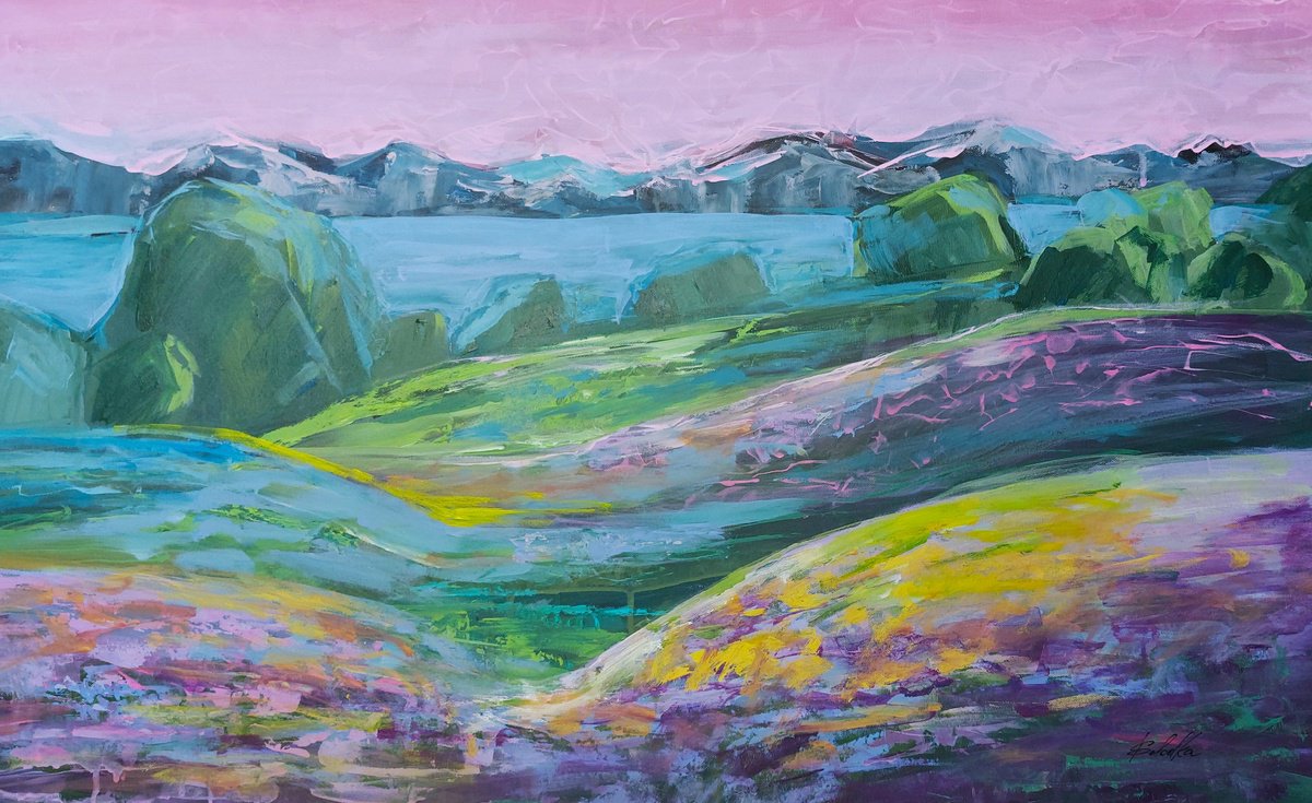 Impressionistic Landscape Acrylic Painting By Katia Solodka, 31 X 20", Countryside Landscape, Original Artwork