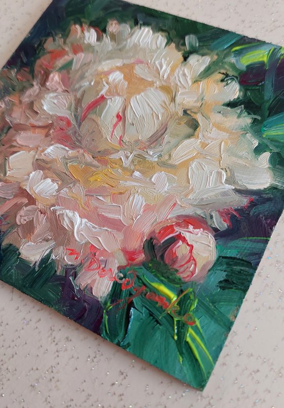 Peony oil painting original, Small art framed white flower, Unique peony wall art
